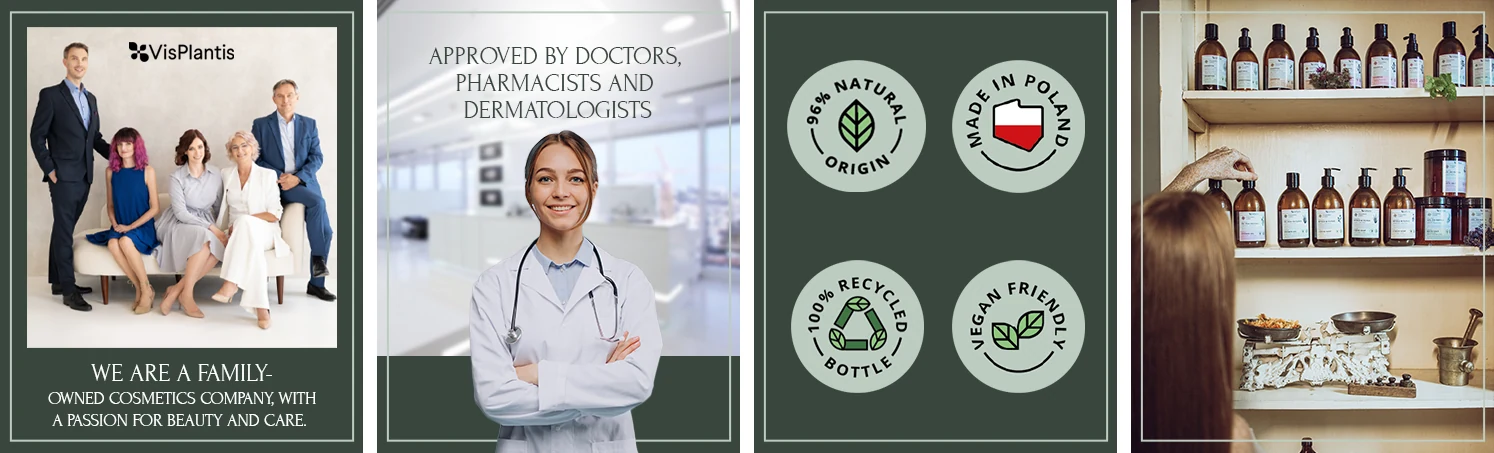 Four Pharma Care Brand Story cards on Amazon.co.uk: a family-owned company, approved by doctors, pharmacists and dermatologists, natural origin badges, and the herbal pharmacy shelf