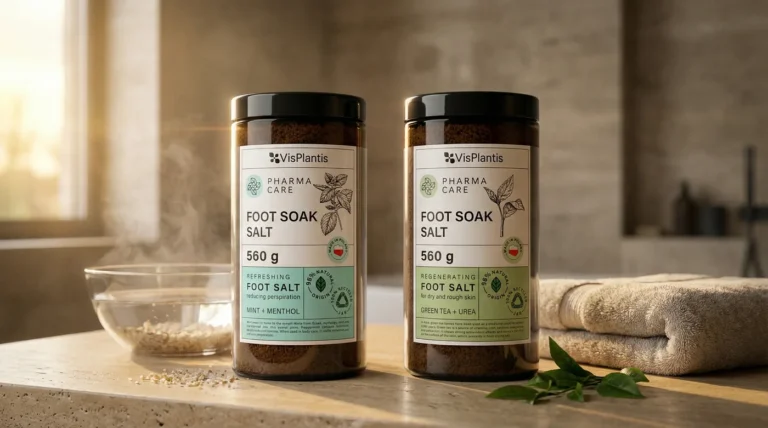 Two jars of Vis Plantis Pharma Care Foot Soak Salt in a warm bathroom