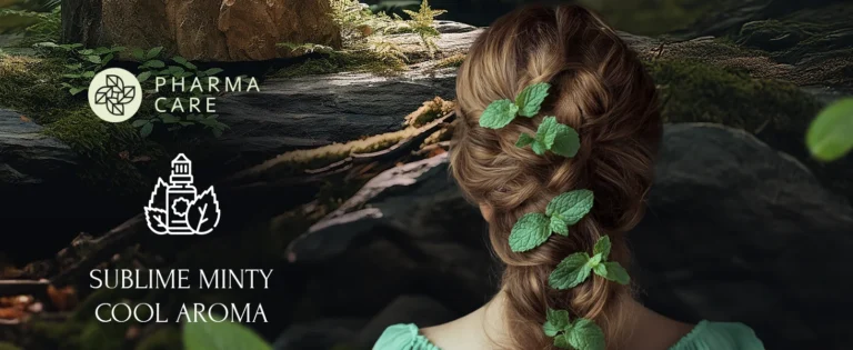 Woman with mint leaves in her braid, from the Pharma Care Mint & Zinc Shampoo A+ content
