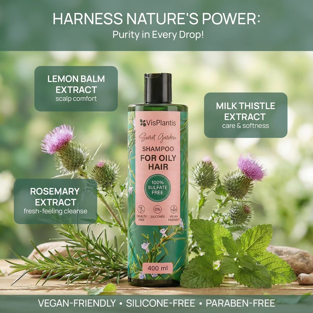 Vis Plantis Rosemary Shampoo image with lemon balm, milk thistle and rosemary extracts