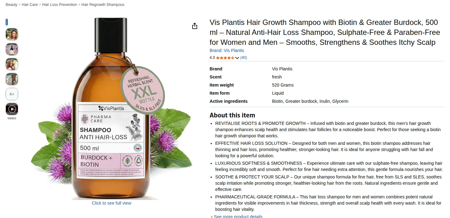 The Vis Plantis Hair Growth Shampoo with Biotin listing on Amazon.co.uk, September 2026