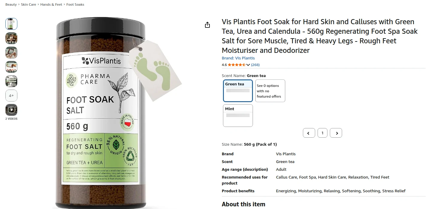 The Vis Plantis Foot Soak with Green Tea & Urea listing on Amazon.co.uk, September 2026