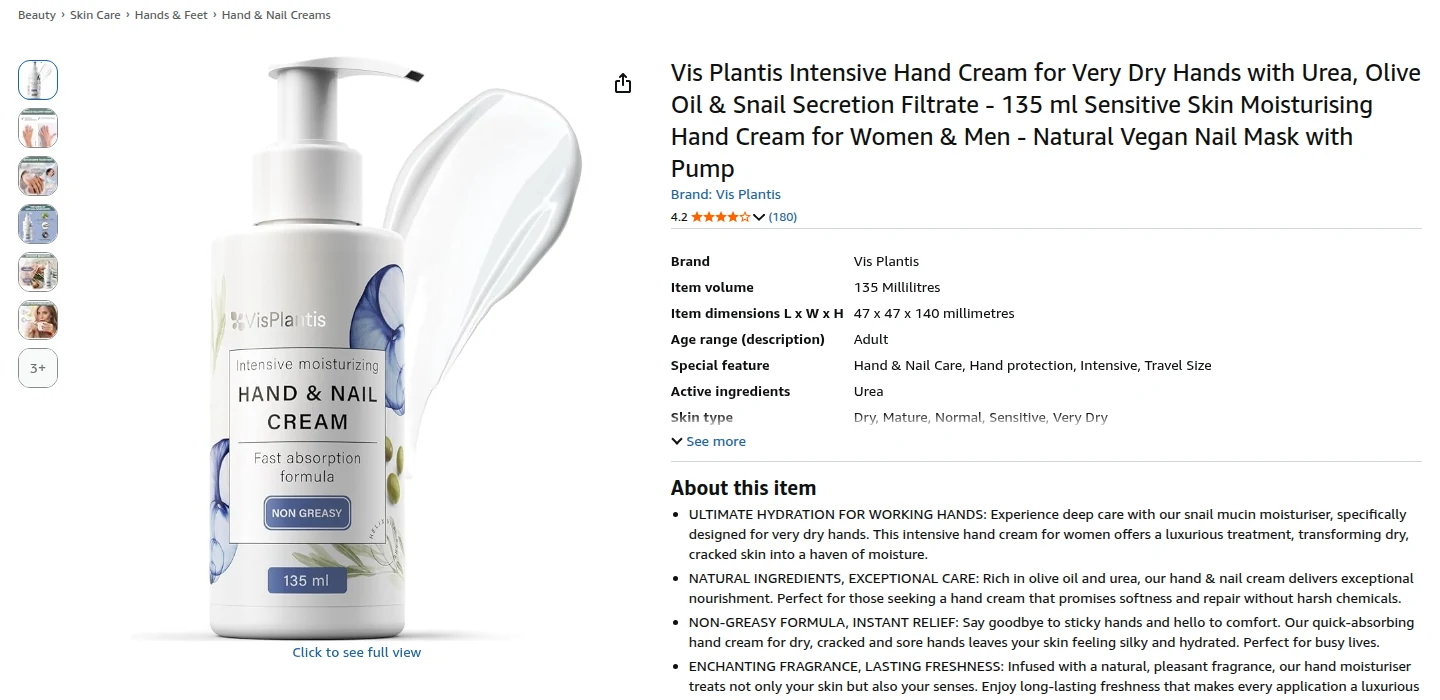 The Vis Plantis Hand & Nail Cream listing on Amazon.co.uk, September 2026