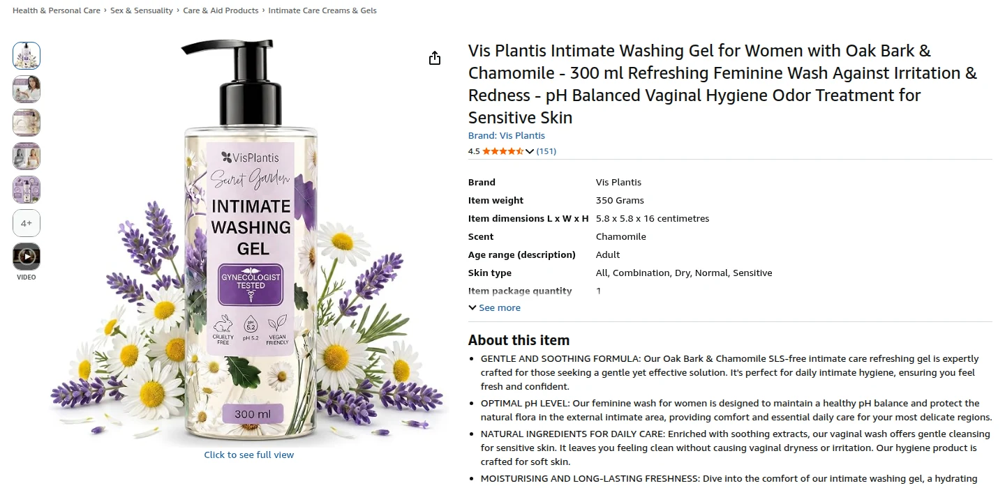 The Vis Plantis Intimate Washing Gel listing on Amazon.co.uk, September 2026