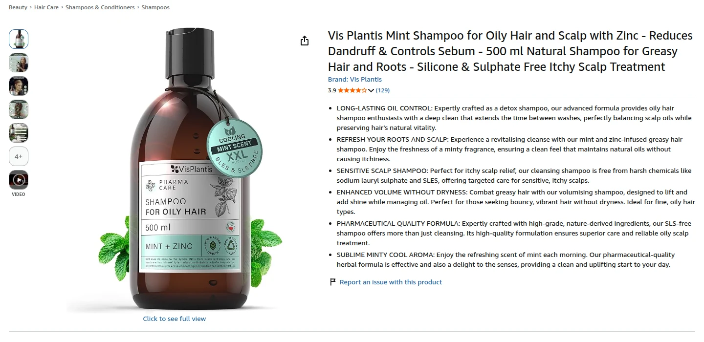 The Vis Plantis Pharma Care Mint Shampoo for Oily Hair listing on Amazon.co.uk, September 2026