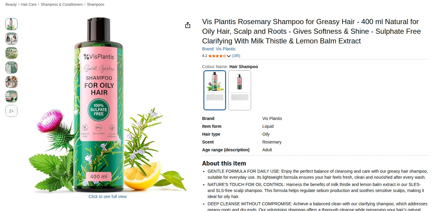 The Vis Plantis Rosemary Shampoo listing on Amazon.co.uk, September 2026