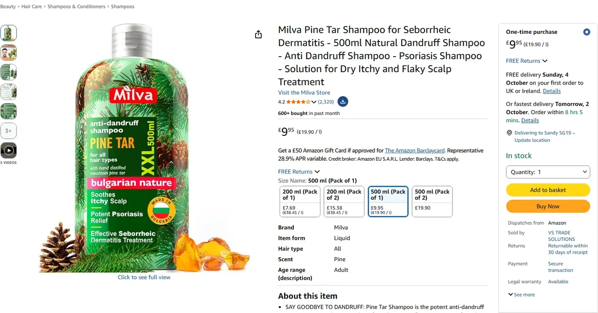 Milva Pine Tar Shampoo listing on Amazon.co.uk, sold by VS Trade Solutions