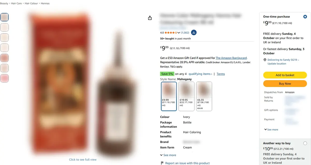 Amazon UK listing of a mahogany hair colour listed as colour Ivory, with no bullet points, brand blurred