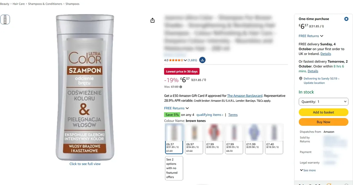 Amazon UK listing with a single photo of a pack printed in Polish, brand blurred