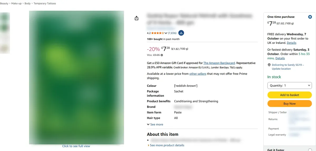 Amazon listing of a henna hair dye with many sellers, brand blurred